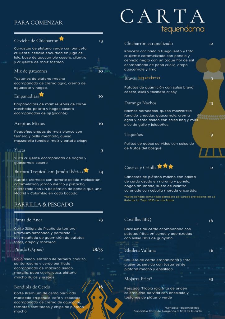 La carta del mejor restaurante colombiano de Madrid y España. 