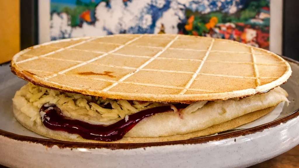 Oblea típica de Bogotá con queso rallado y salsa de moras en Tequendama